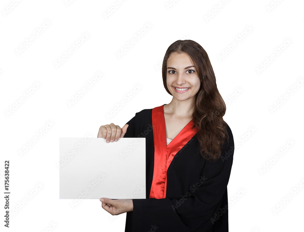 Beautiful graduate girl student in mantle showing blank placard board, isolated on white background Beautiful graduate girl student in mantle showing blank placard board, isolated on white background