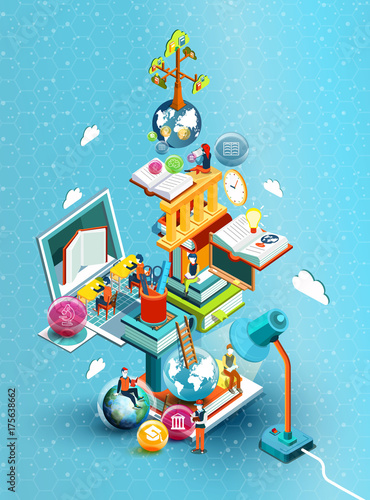 A tower of books with reading people.  Educational concept. Online library. Online education isometric flat design on blue background. Vector illustration