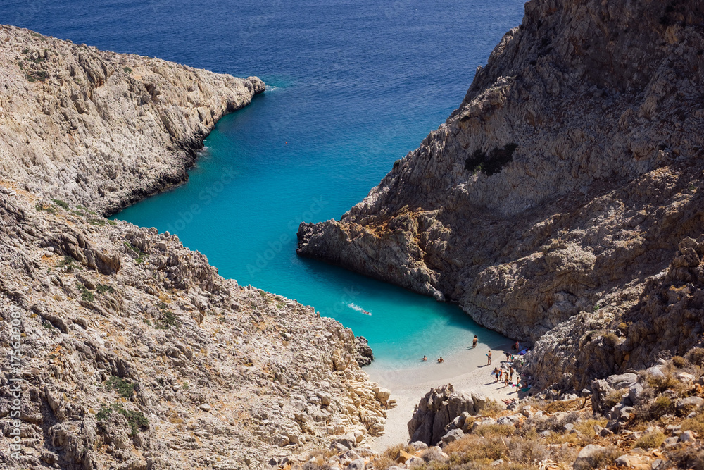 Turquoise water of Seitan Limania / Stefanou beach in Crete, Greece. Most beautiful beach in Chania region. Turquoise water of Seitan Limania / Stefanou beach in Crete, Greece. Most beautiful beach in Chania region.