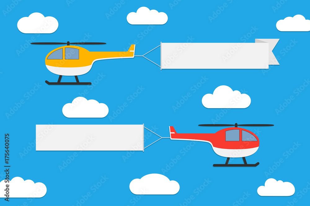 Flying helicopters with banners. Set of advertising ribbons on blue sky background. Vector illustration.