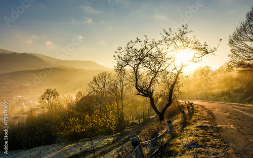 road through mountainous countryside at sunrise. gorgeous autumn scenery with fog