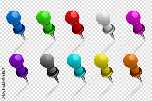 Set of realistic color metal pins whith shadow isolated on white. Vector illustration