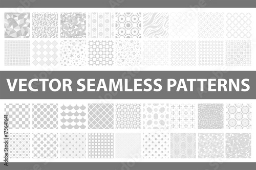 Retro styled vector seamless pattern pack: abstract, vintage, technology and geometric. 36 grey elements. Vector illustration