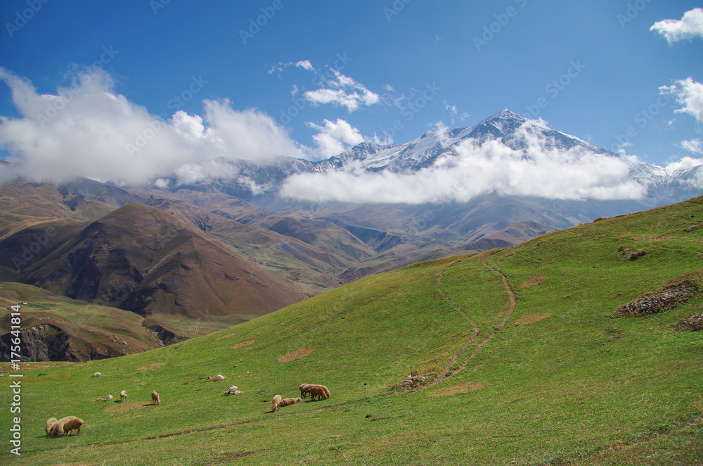 Beautiful summer landscape in the Caucasus Mountains. Near with the highest mountain settlement in the North Caucasus, in Russia and Europe – Kurush. Height 2500 m above sea level. Russia, Dagestan