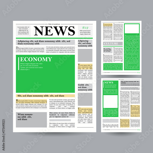 Newspaper Design Template Vector. Financial Articles, Advertising Business Information. World News Economy Headlines. Blank Spaces For Images. Isolated Illustration