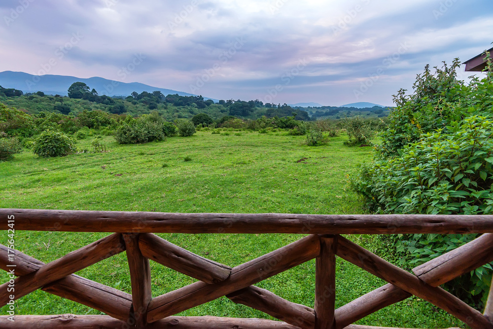 Scenic view from lodge terrace onto savanna Scenic view from lodge terrace onto savanna