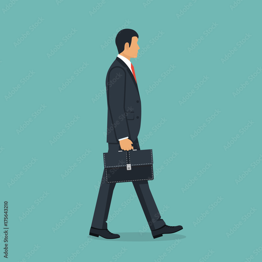 Businessman with briefcase walking to work. Vector illustration flat  design. Male cartoon character. Office manager in a business suit with tie.  Confident man. Isolated on background. Go ahead. Stock Vector | Adobe