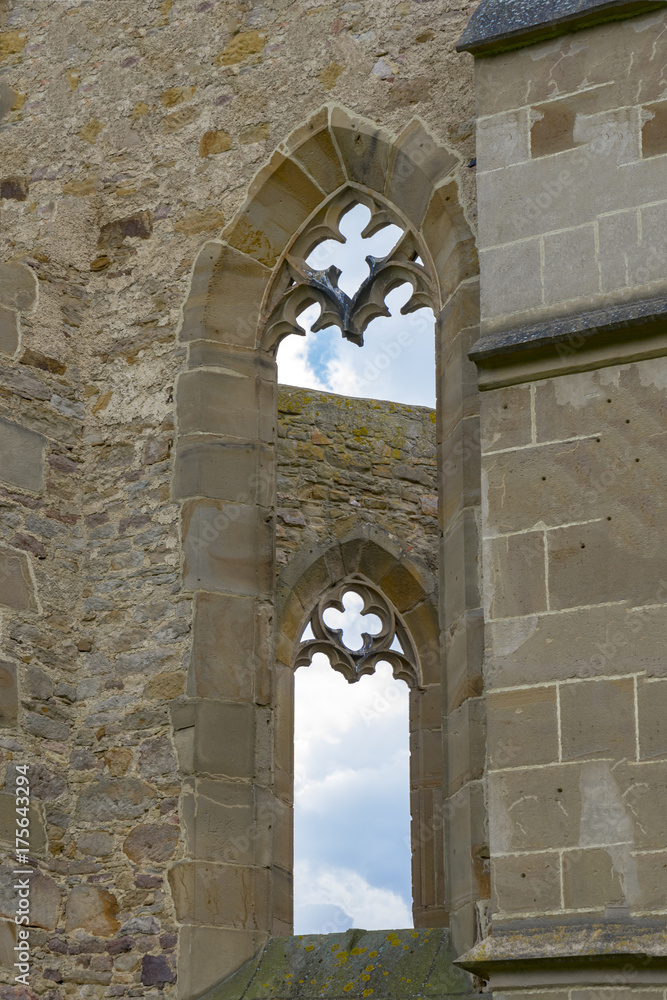 Empty window openings in a church ruin. Belleer Kirche Church in Eckelsheim Rhineland-Palatinate, Germany. Rhine-Hesse.