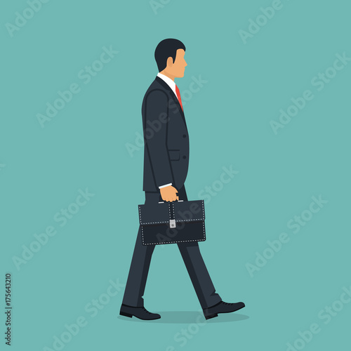 Businessman with briefcase walking to work. Vector illustration flat design. Male cartoon character. Office manager in a business suit with tie. Confident man. Isolated on background. Go ahead.