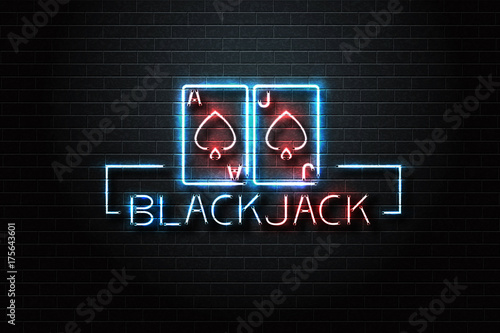 Vector realistic isolated neon sign logo with Blackjack cards and lettering for decoration and covering on the wall background. Concept of casino and gambling.