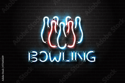 Vector realistic isolated neon sign of bowling for decoration and covering on the wall background. Concept of game sport.