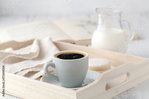 Home Interior with Coffee cup Books on table wooden tray