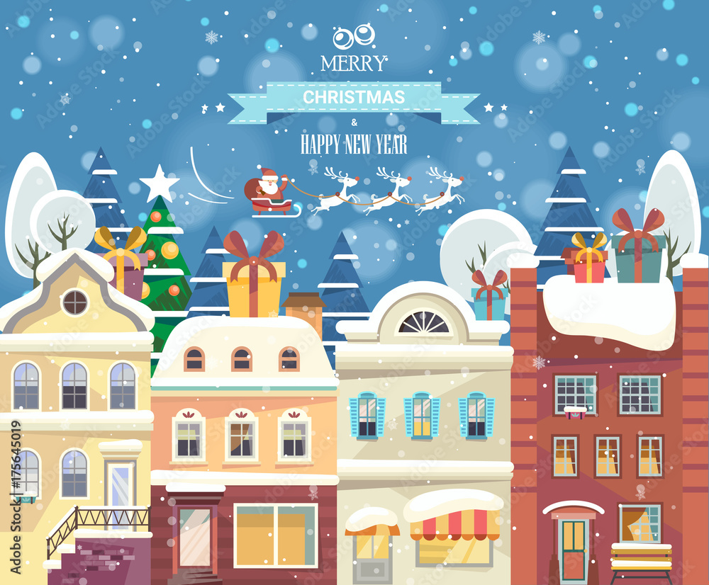 Merry Christmas and Happy New Year vector greeting card in flat style. Christmas winter town with snowflakes. December town poster.