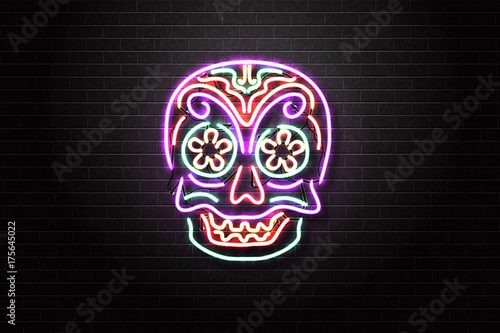 Vector realistic isolated neon sign of skull of Dia De Muertos for decoration and covering on the wall background. Concept of Happy Day of the Dead in Mexico.