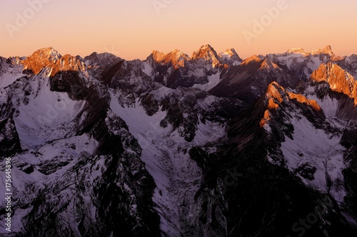 Snow-covered Alpine peaks at sunrise  Gramais  Lechtal  Reutte  Tirol  Austria  Europe