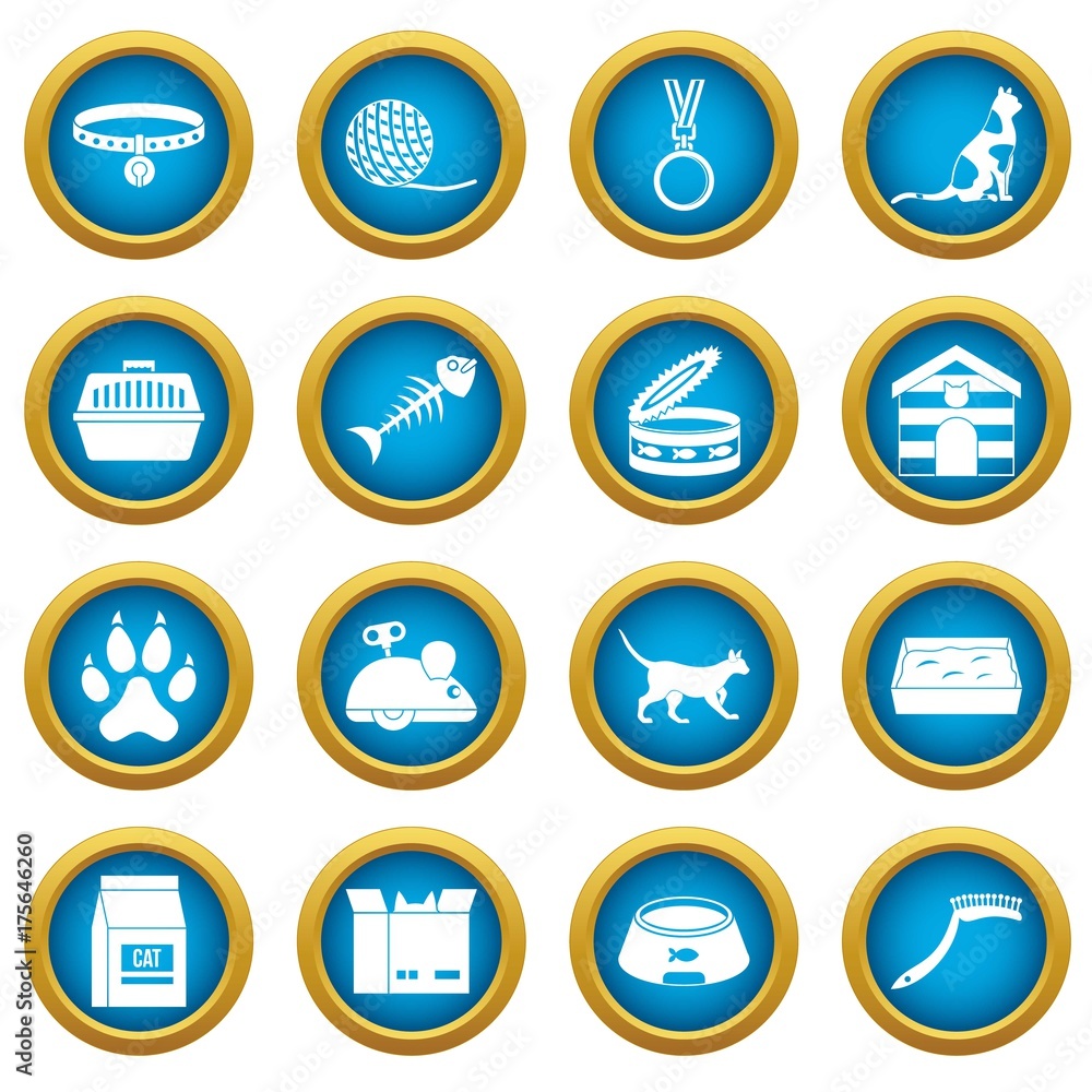 Cat care tools icons blue circle set