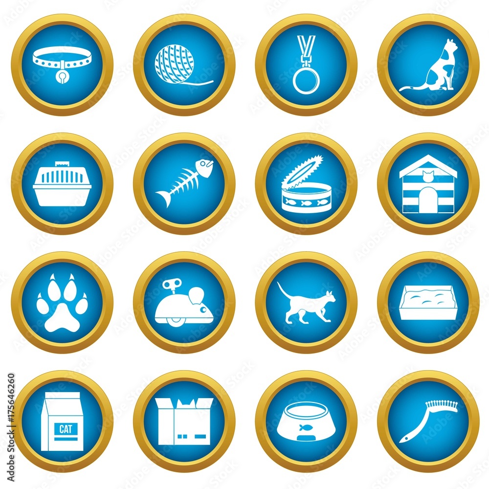 Cat care tools icons blue circle set Cat care tools icons blue circle set