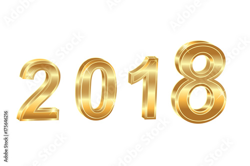Happy New Year 2018. Golden 3D numbers on a white background.