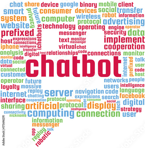 Chatbot Word Cloud Text Illustration in shape of a speaking bubble bot. Robotics keyword tags isolated vector. Transparent.