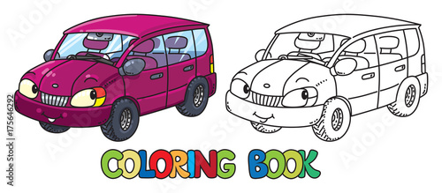 Funny small car with eyes. Coloring book