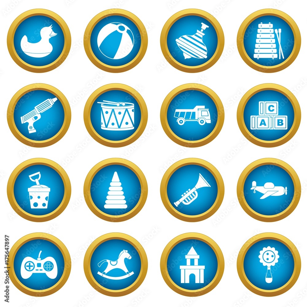 Different kids toys icons blue circle set Different kids toys icons blue circle set
