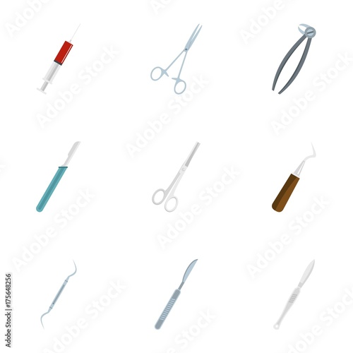 Medical surgery accessory icon set, flat style