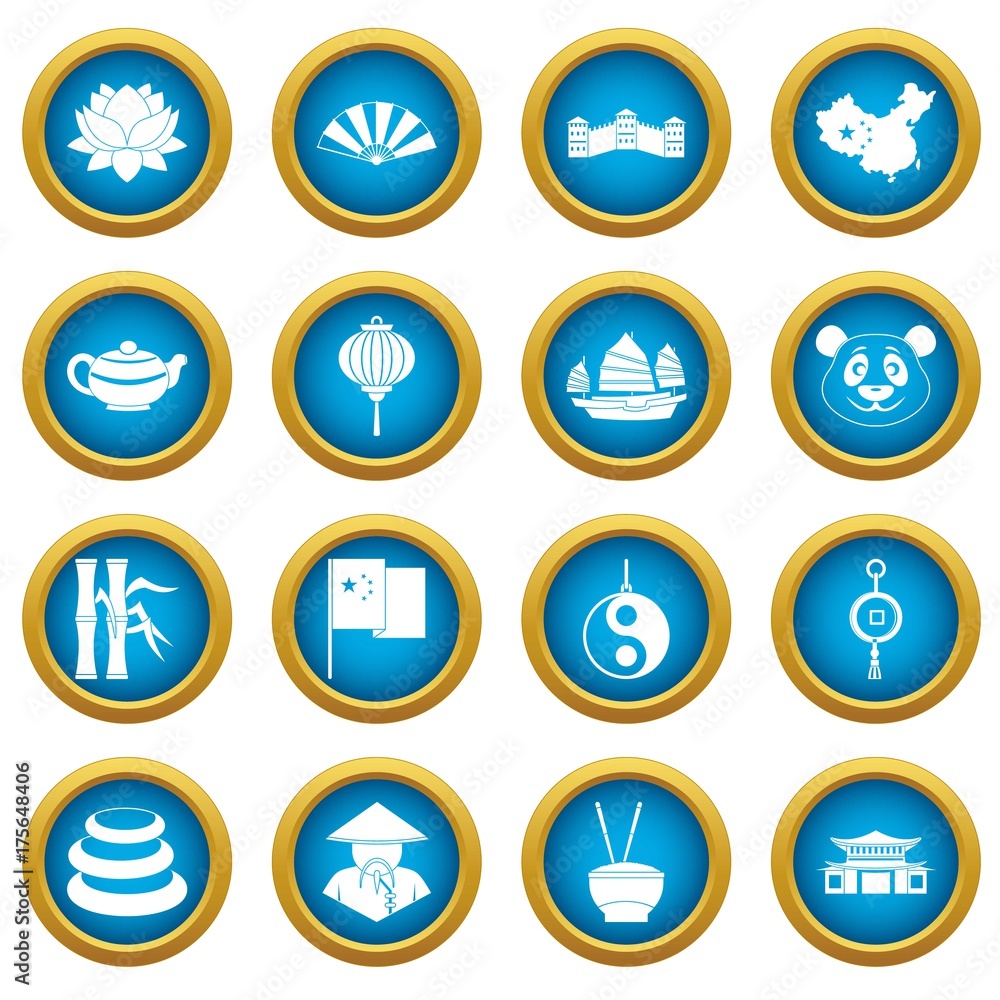 China travel symbols icons blue circle set
