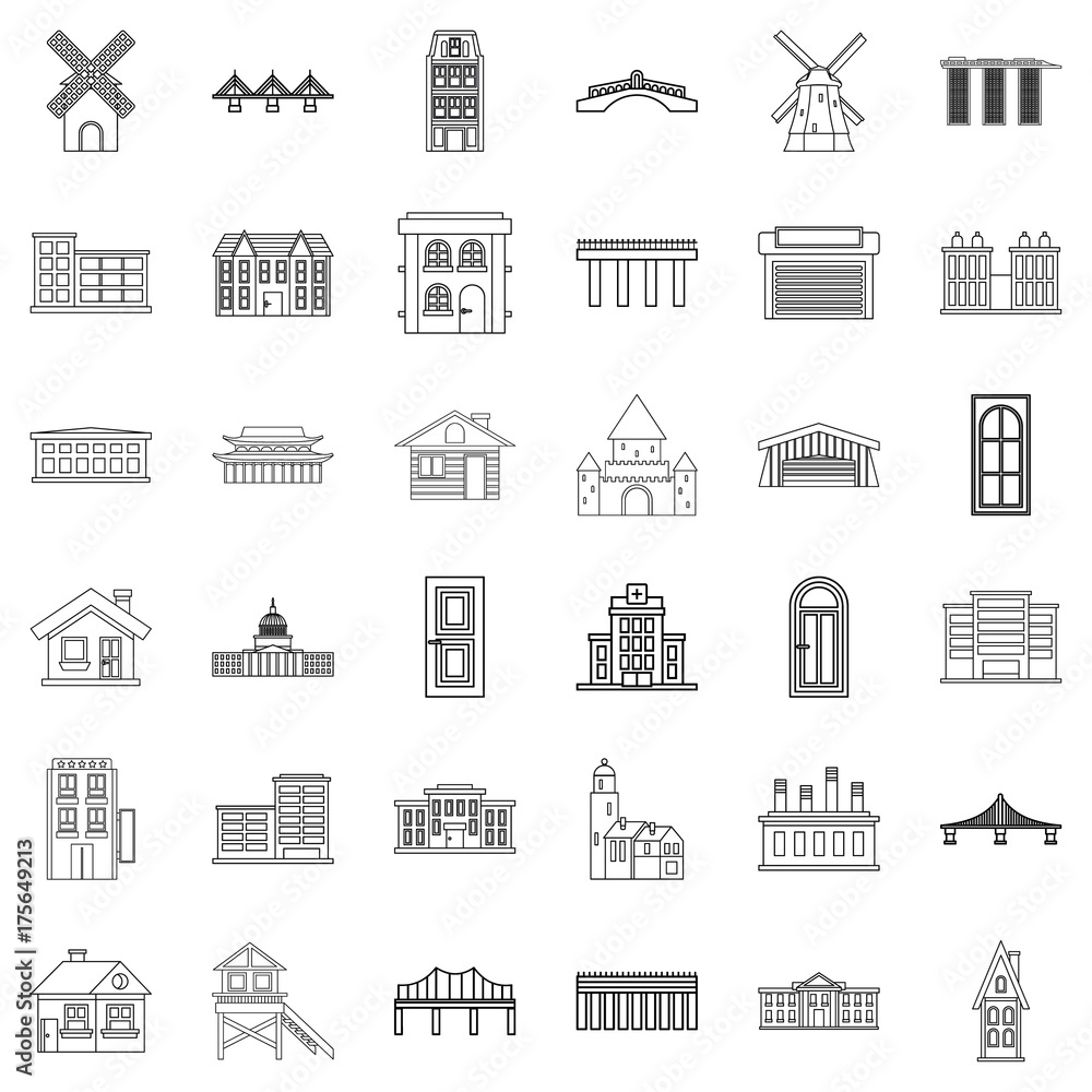 Tower icons set, outline style