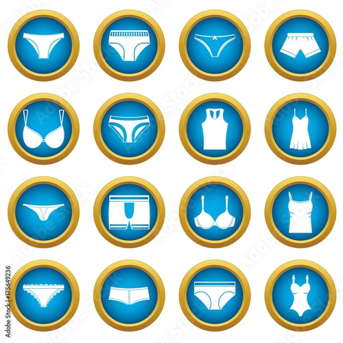 Underwear items icons blue circle set