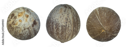 Different side of brown coconut isolated on white background with clipping path.