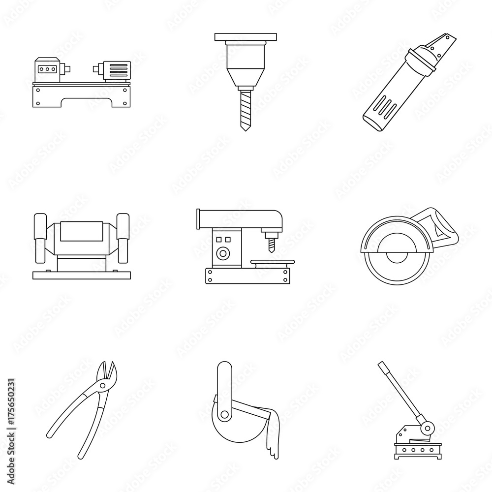 Metal processing profession icon set, outline style Metal processing profession icon set, outline style
