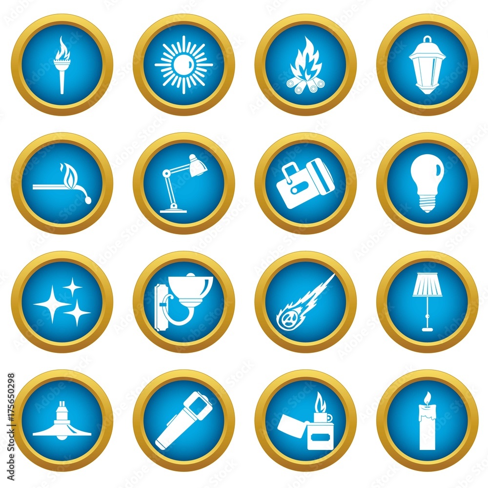Light source symbols icons blue circle set Light source symbols icons blue circle set