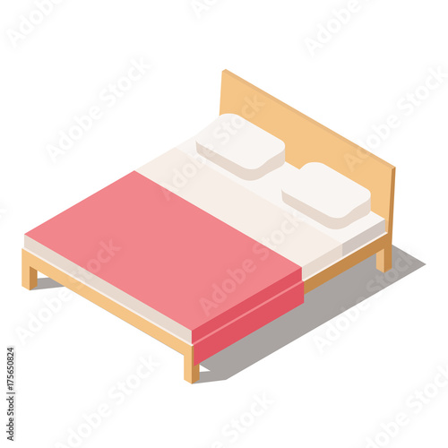 Big Bed for Two or One Person with Comforter and pillows. Furniture for the Bedroom. Vector Illustration in Isometric view isolated on white background. 