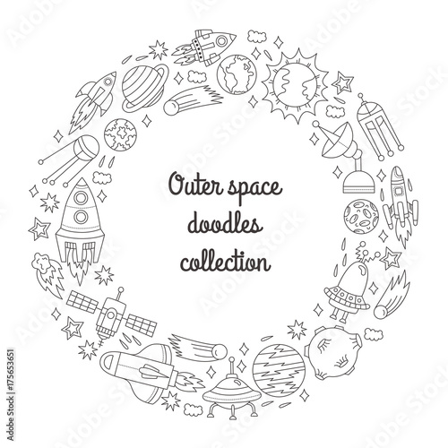 Outer space doodle icons round frame