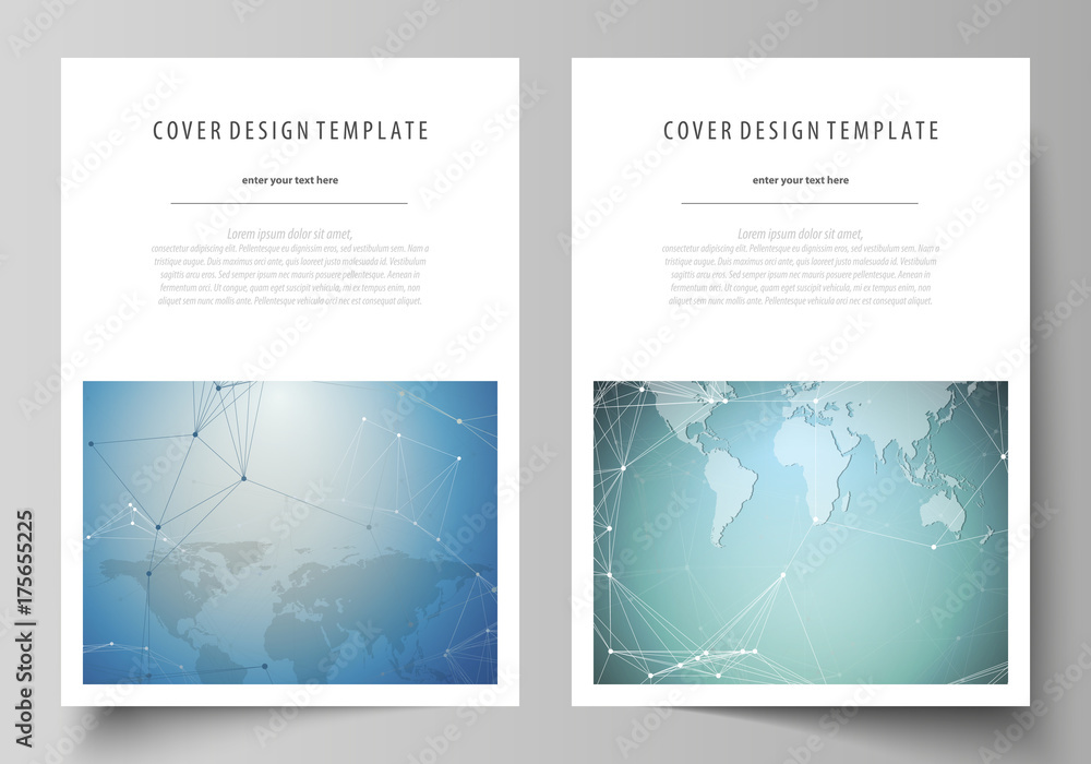 Fototapeta premium The vector illustration of the editable layout of A4 format covers design templates for brochure, magazine, flyer, booklet, report. Chemistry pattern, connecting lines and dots. Medical concept.