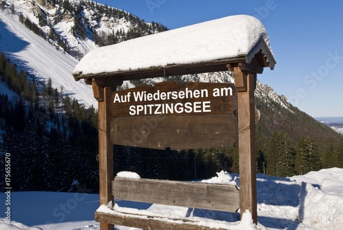 Sign "Wiedersehen am Spitzingsee" See you again at Spitzing lake, Bavaria, Germany, Europe