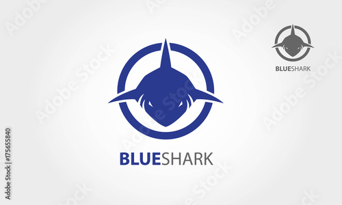 Blue Shark Vector Logo Template. Frontal head of shark vector logo illustration. It symbolizes aggression, pressure, force, speed, attack. 