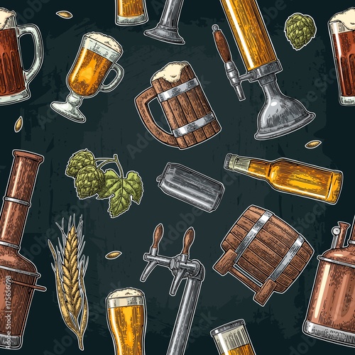 Seamless pattern beer tap, class, can, bottle and hop.