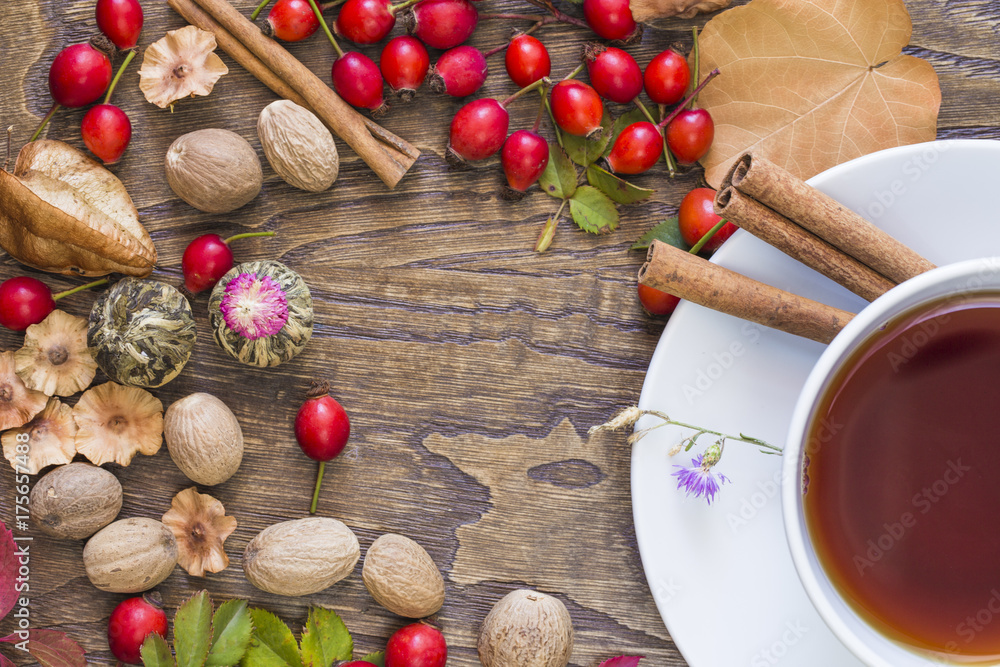 A cup of tea surrounded by autumn leaves and fruits. A cup of tea surrounded by autumn leaves and fruits.