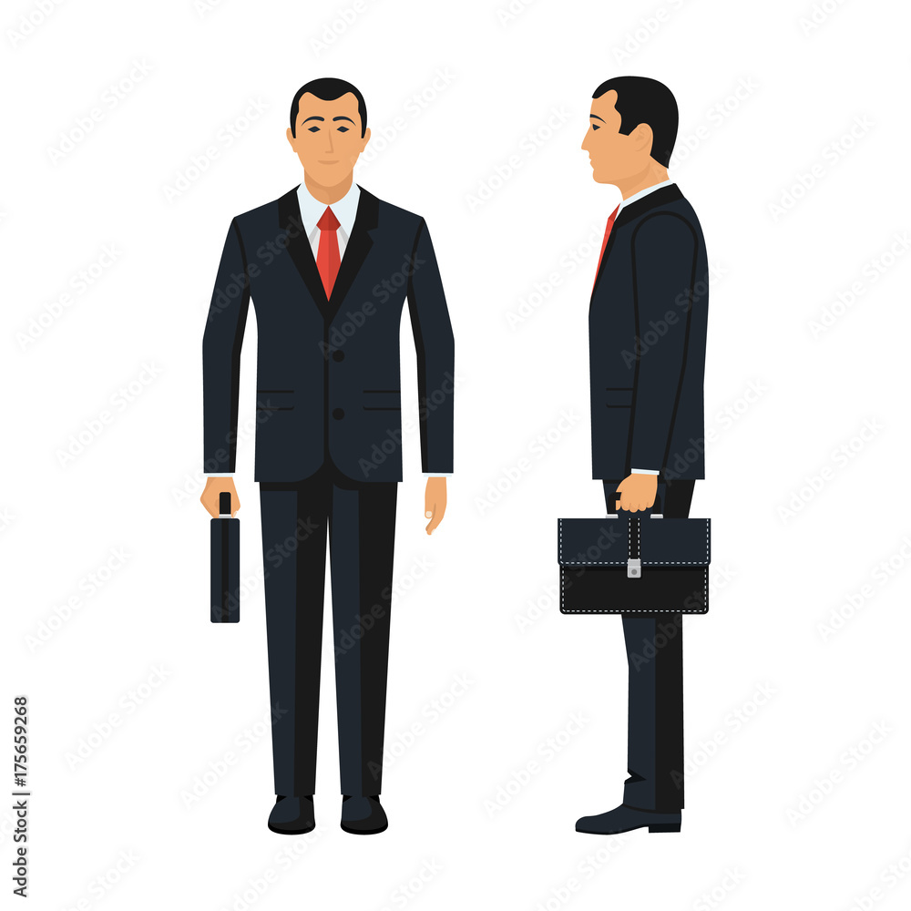 Two businessmen front and profile. Businessman holding briefcase isolated  on white background. Vector illustration flat design. Male cartoon  character. Office manager in suit. Confident man. Stock Vector | Adobe Stock
