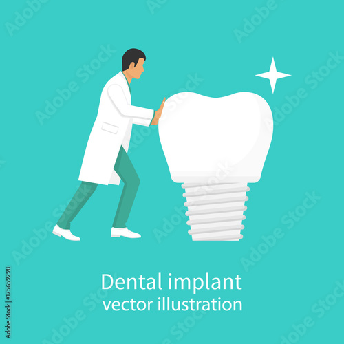 Dental implant. Dentist holding in hand of dentures. Medical equipment. Tooth treatment. Vector illustration flat design. Isolated on background. Stomatology concept.
