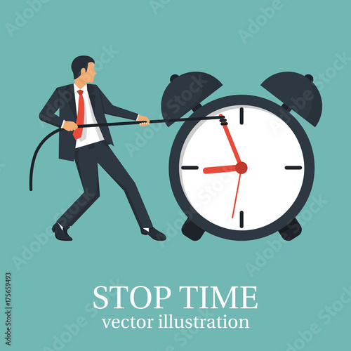 Stop time concept. Business metaphor. Vector illustration flat design. Isolated on white background. Businessman in suit push back hour hand. Deadline. Time management.