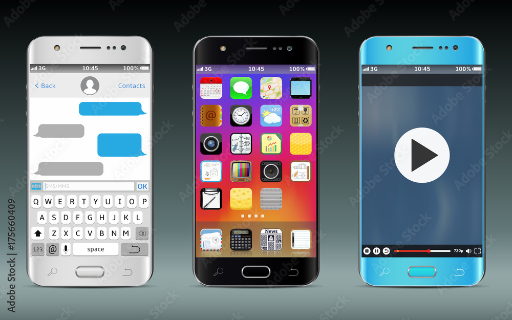 Smart phones with icons, messaging sms app and video player widget Smart phones with icons, messaging sms app and video player widget
