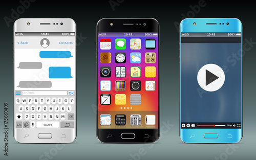 Smart phones with icons, messaging sms app and video player widget