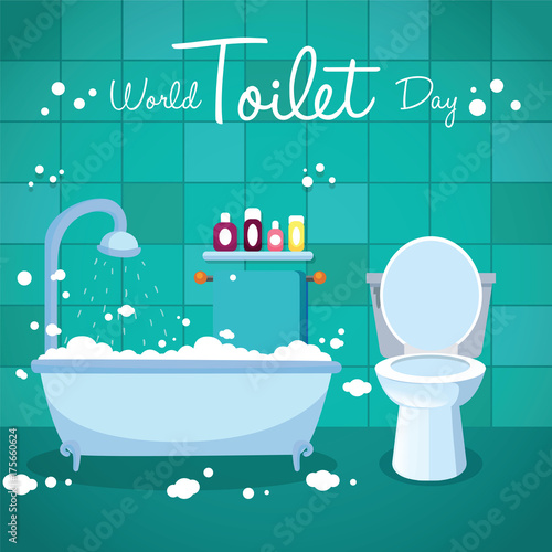 World Toilet Day, 19 November. Bathtub and toilet flush conceptual illustration vector.