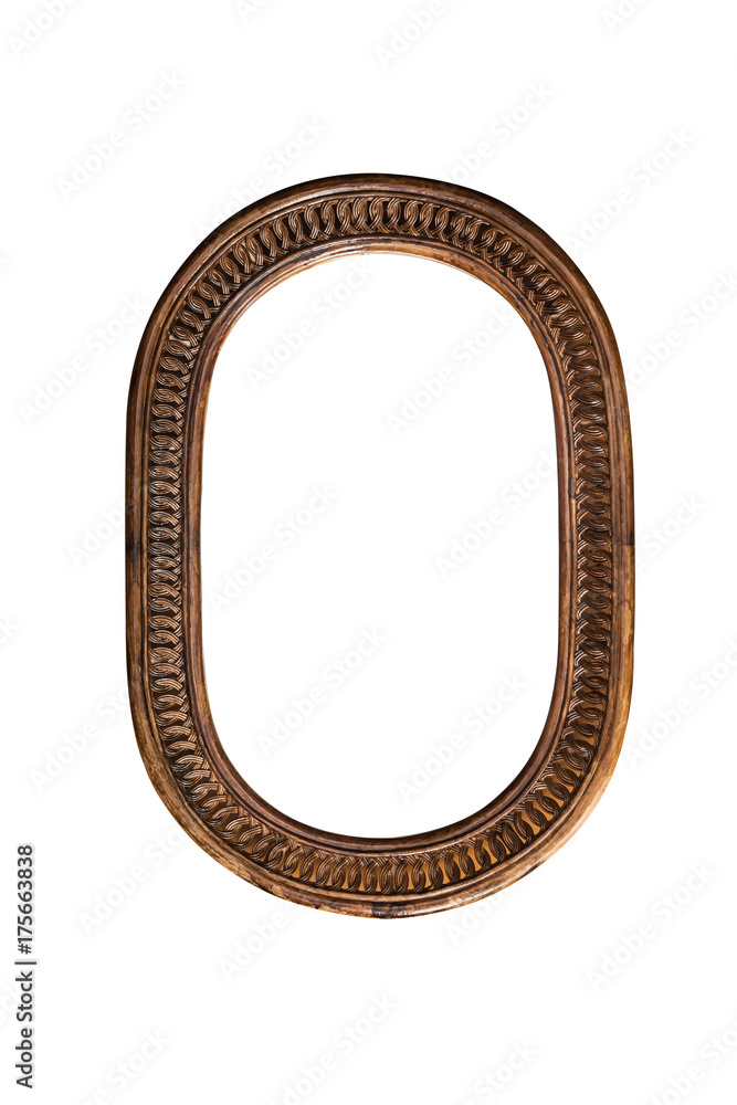 Wooden mirror frame border old oval brown on white background single one aged classic traditional decorative antique unique style Wooden mirror frame border old oval brown on white background single one aged classic traditional decorative antique unique style