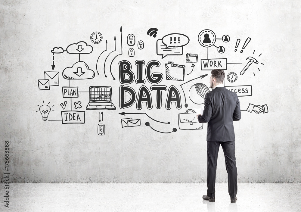Businessman with papers, rear view, big data Businessman with papers, rear view, big data