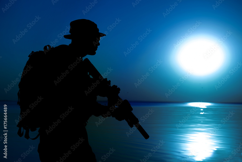 Army soldier with rifle night moon silhouette under cover of darkness. Covert diversionary operation Army soldier with rifle night moon silhouette under cover of darkness. Covert diversionary operation