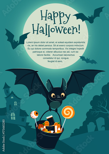 Vector illustration of a cute flying black bat carrying a bucket filled with candy, on purple background with a tree and haunted house in the distance and full moon. Blank template for Halloween theme