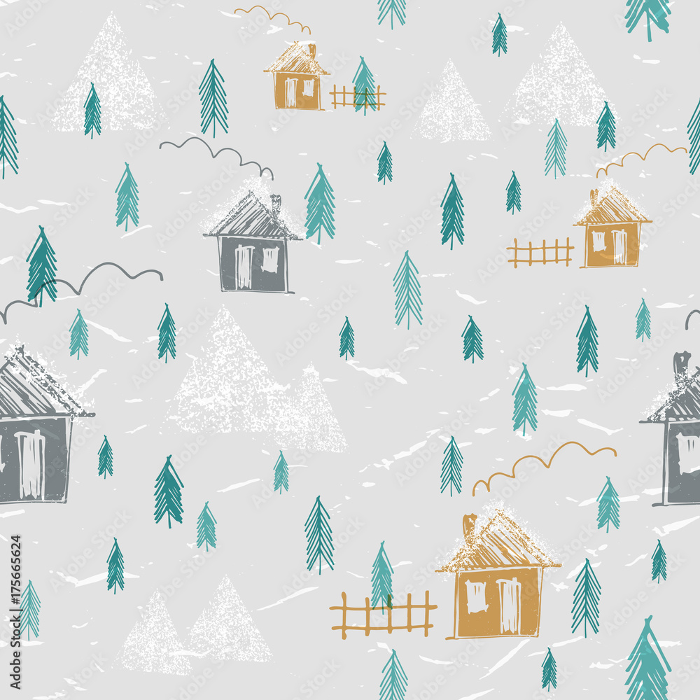 Simple hand drawn forest in winter seamless pattern. Houses, mountains, pines and snow. Silhouette pattern. Cute childish style.